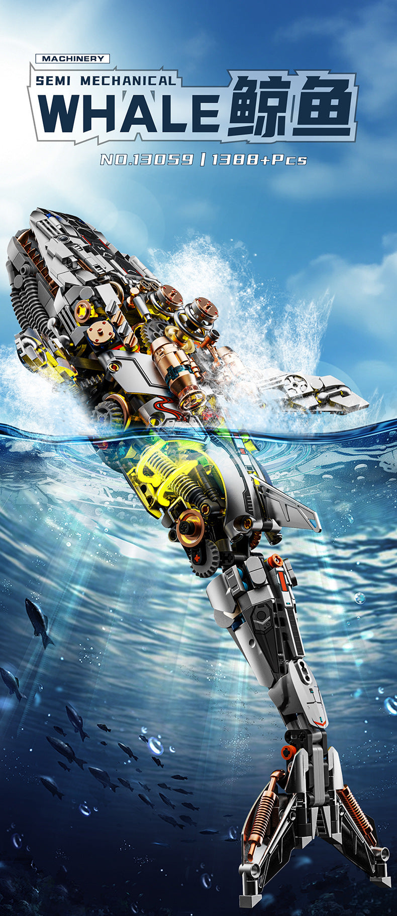 Creative luminous mechanical whale animal model, educational assembly building block toy (compatible with Lego)