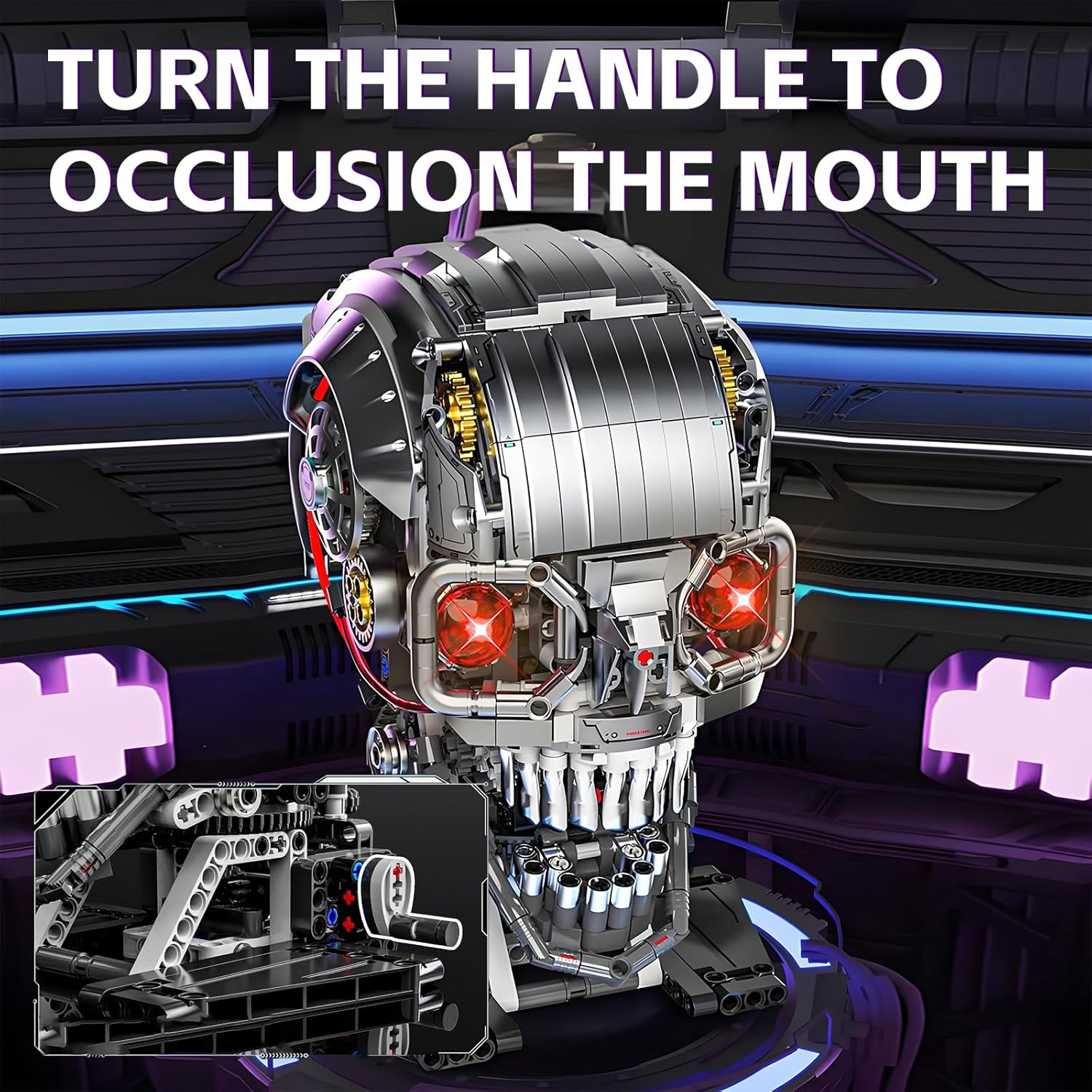 Mechanical Skull Building Block Set 1099+ Pieces 3D Poseable Model with Mandibular Teeth Bite Drive for STEM Toys for Kids & Adults Perfect for Horror Fans & Gothic Room Decor